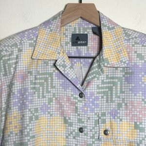 Lizwear VTG Mens Button Down Shirt S Pastel Pixelated Floral Grid Cotton 80s